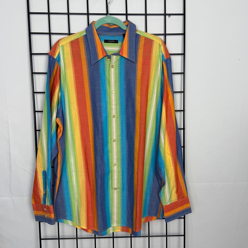 Vintage Cezani Button Down Shirt Mens XL Rainbow Vertical Stripe Long Sleeve